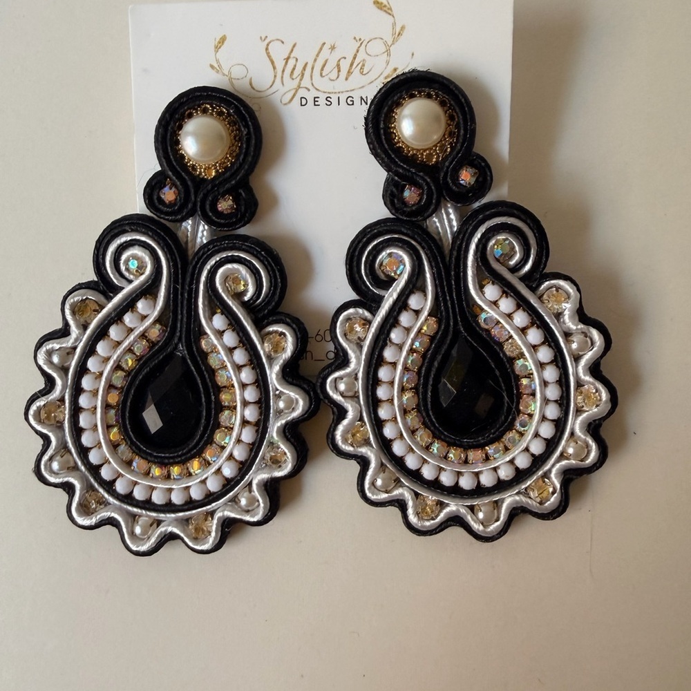 🖤🤍 Handmade Soutache Statement Earrings – Modern Baroque / Couture Boho 🤍🖤